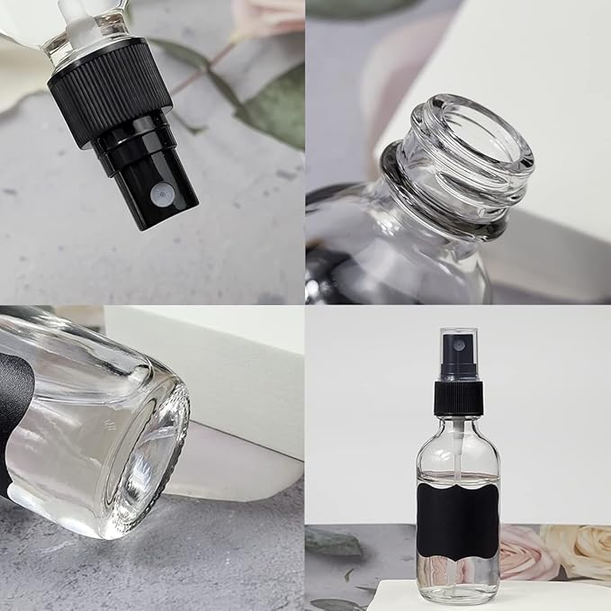 60ml Clear Glass Spray Bottles,Small Empty Fine Mist Perfume Refillable Reusable Travel Spray Bottle for Essential Oils/Hair/Aromatherapy/Cleaning/Cosmetic with Extra Spray Nozzle(2 Pack)