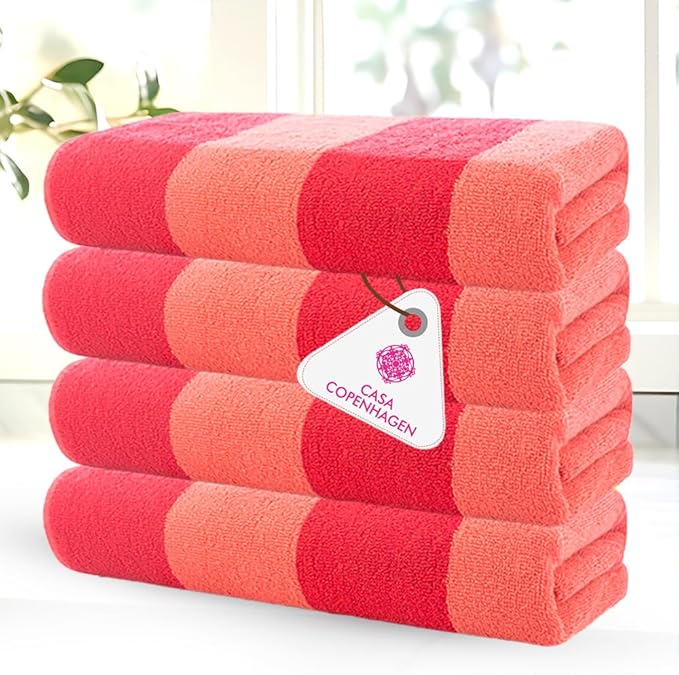 CASA COPENHAGEN Malibu Beach Towels Designed in Denmark Rough and Tough, Quick Dry, for Pool, Bath & Shower 30x60 inches 4 Pieces Cotton Beach Bath Towels Set - Pink