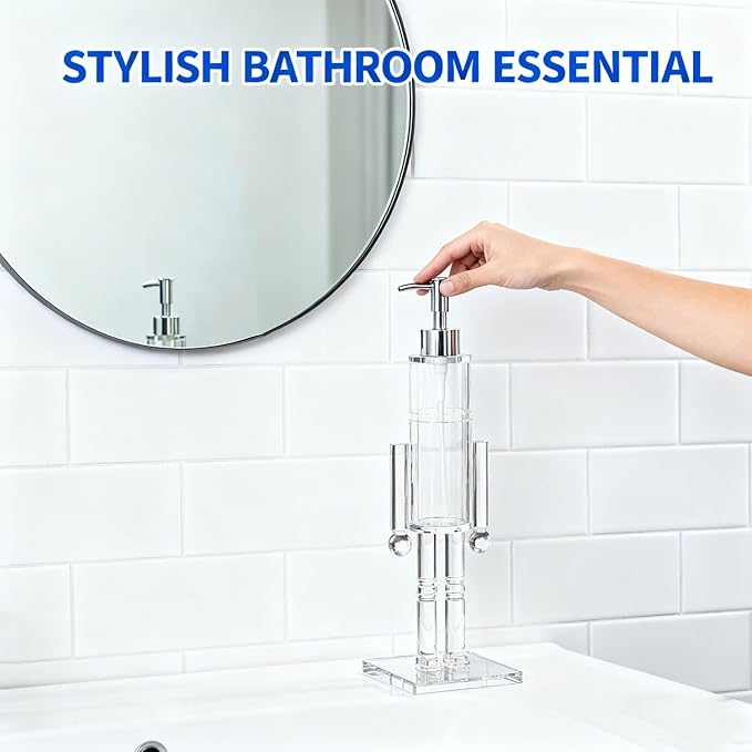 Nutcracker Soap Dispenser, 11.8 Inch Clear Acrylic Refillable Christmas Soap Bottle with Pump, Festive Holiday Hand Soap & Lotion Dispenser for Bathroom, Kitchen Countertop Decor