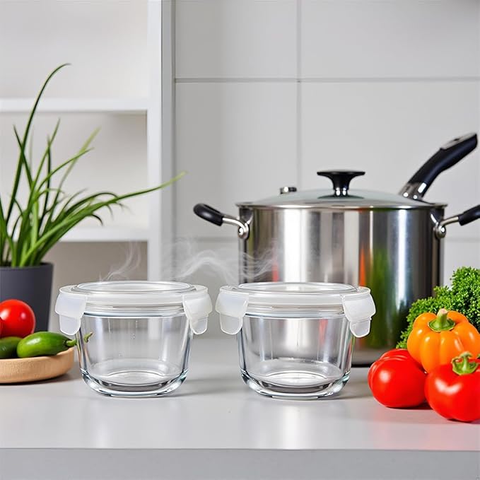 2Cup Glass Soup Container with Airtight lids, 16oz Round Glass food Storage Container, Round Food Bowls BPA free, Leakproof Soup Container, Dishwasher Microwave & Freezer Safe (4 Pack)