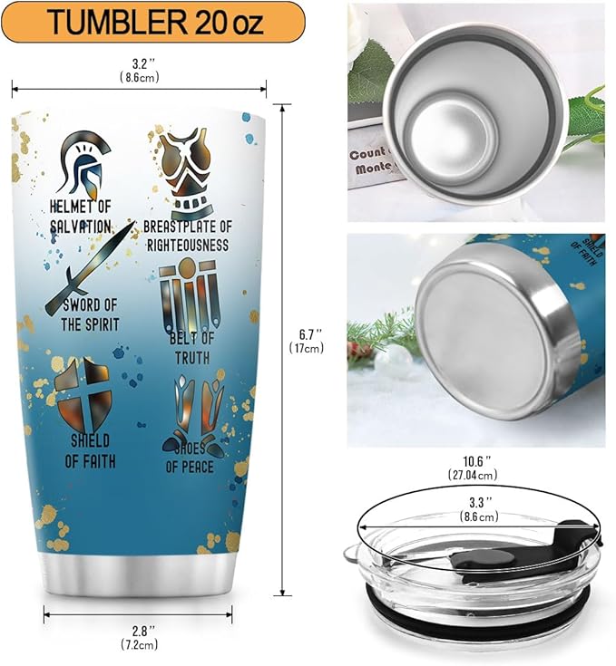 Jesuspirit Christian Gifts for Men, Women - Fathers Day, Pastor Appreciation Religious Gift For Men - Christian Coffee Mug - Armor Of God Stainless Steel Tumbler (Armor Of God Women, 20OZ)