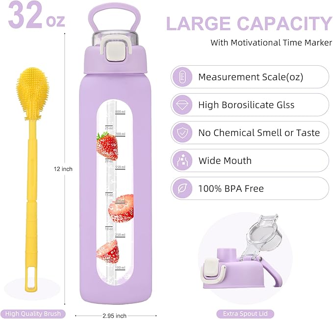 32 oz Glass Water Bottle with 2 Lids-Handle Spout Lid & Straw Lid, 1 Liter Motivational Borosilicate Water Bottle with Time Marker and Silicone Sleeve,Leakproof-Purple-1 Pack