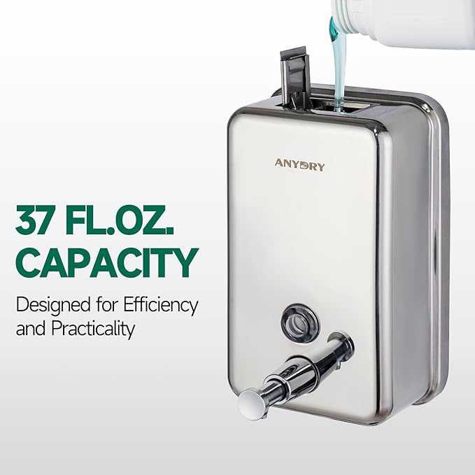Commercial-Grade Manual Soap Dispenser, Durable Polished Stainless Steel Finish, 37oz (1100ml), Wall-Mounted for Bathroom & Kitchen