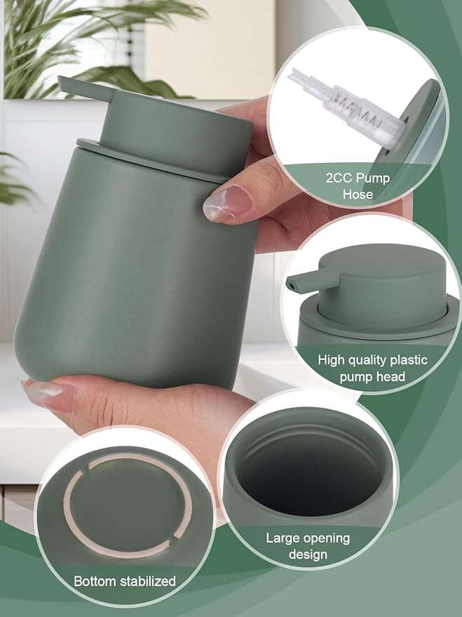 INGOFIN Ceramic Lotion Dispenser - 12oz Refillable Hand Soap Dispenser Bathroom, Modern Liquid Dispenser with Pump, Dish Dispenser for Kitchen, Matte Green
