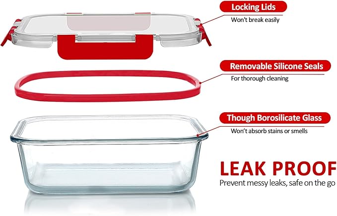 M MCIRCO 30 Pieces Glass Food Storage Containers with Upgraded Snap Locking Lids,Glass Meal Prep Containers Set - Airtight Lunch Containers, Microwave, Oven, Freezer and Dishwasher Friendly, Red