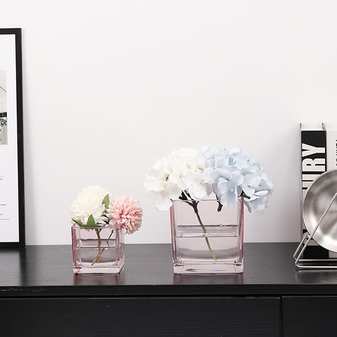 Square Flower Vases Set of 9, 3"x 3"x 3" Glass Vases for Centerpieces, Pink Vase for Flowers, Small Vase for Wedding, Party, Home Office Decoration