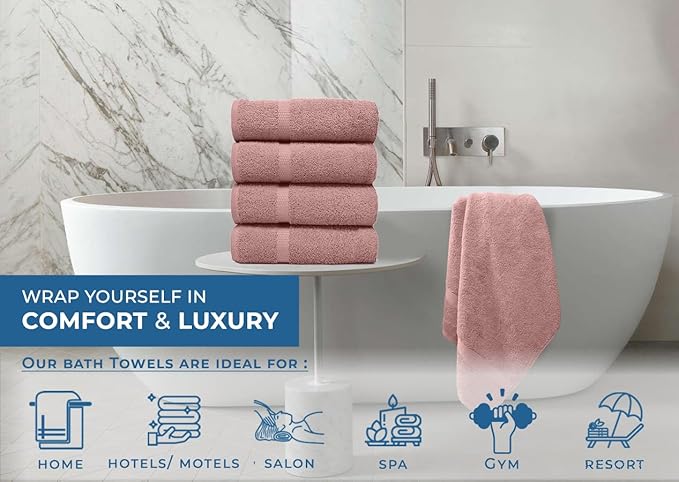 DAN RIVER Bath Towels Set of 4, 27 x 54 Inches, 100% Cotton, Larger & Lighter Weight, Quicker to Dry, Super Soft and Absorbent, Ideal Cotton Towels for Daily Use, Dusty Rose