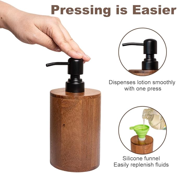 Walnut Wood Soap Dispenser, 14oz/400ml Round Cylinder Hand Soap Dispenser for Bathroom, Kitchen, with Pump Head, Funnel & Labels, Bathroom Countertop Soap Dispensers
