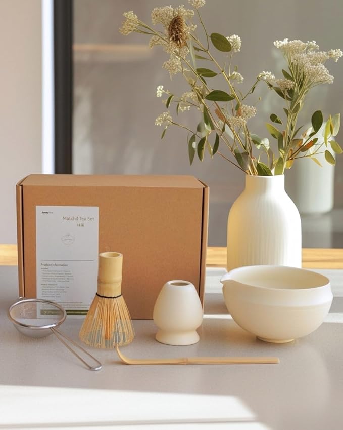 Matcha Set, 5 Pcs Matcha Whisk Set – Elegant Rounded Design Bowl with Folded Rim, Matte Buttercream Glaze, Comfortable to Use, Gift Box Included