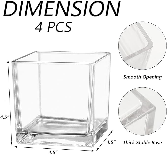 Square Glass Vases Set of 4, 5" x 5" x 5" Clear Flower Vases for Centerpieces, Square Vase for Flowers, Small Vase for Wedding, Party, Home Office Decoration