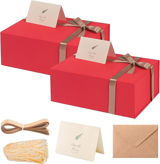 LIFELUM Christmas Boxes 2 Pack 13.85 x 8.35 x 4.45 inch Large Gift Boxes with Magnetic Lids for Presents Red Gift Boxes Valentine's Gift Box Contains Card, Ribbon, Shredded Paper Filler