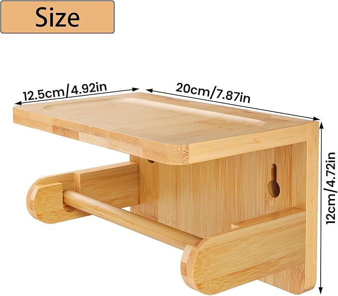 Drill-Free Toilet Paper Holder with Phone Shelf Bamboo Wall-Mounted, No-Drill & Drillable, Bathroom Storage Organizer, Space Saver Tissue Roll Rack for Bathroom, Kitchen, Home Decor (Natural)