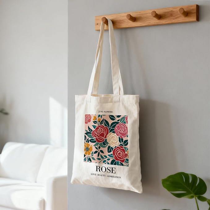 Month Flower Canvas Tote Bag, June Rose Reusable Shoulder Bags, Gifts to Sister and Friends, Holiday Gift Bags for Wrap Storage, Casual Canvas Totes for Work Traveling