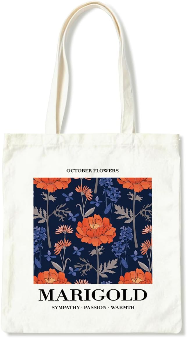 Flower Canvas Tote Bag, October Marigold Reusable Shoulder Bags, Christmas Gifts to Sister and Friends, Holiday Gift Bags for Wrap Storage, Casual Canvas Totes for Work Traveling