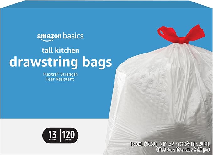 Amazon Basics Flextra Tall Kitchen Drawstring Trash Bags, 13 Gallon, 120 Count