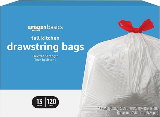 Amazon Basics Flextra Tall Kitchen Drawstring Trash Bags, 13 Gallon, 120 Count