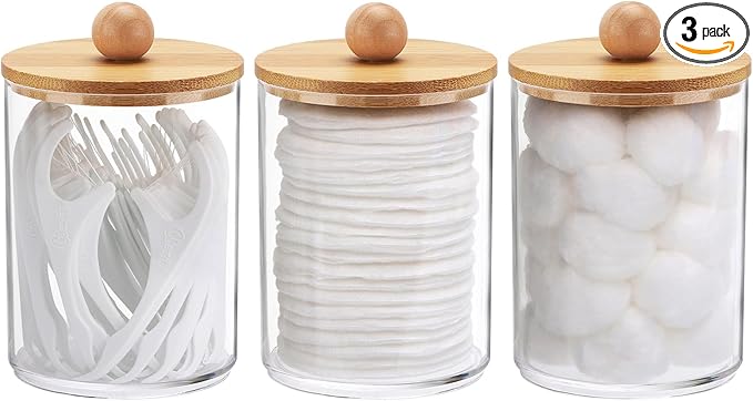Tbestmax 10 Oz Cotton Swab/Ball/Pad Holder, Qtip Apothecary Jar, Clear Bathroom Containers Dispenser for Storage 3 Pack Wood Lids
