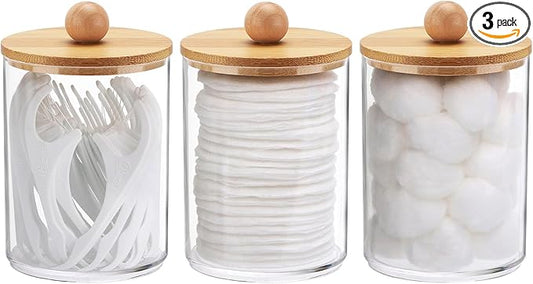 Tbestmax 10 Oz Cotton Swab/Ball/Pad Holder, Qtip Apothecary Jar, Clear Bathroom Containers Dispenser for Storage 3 Pack Wood Lids