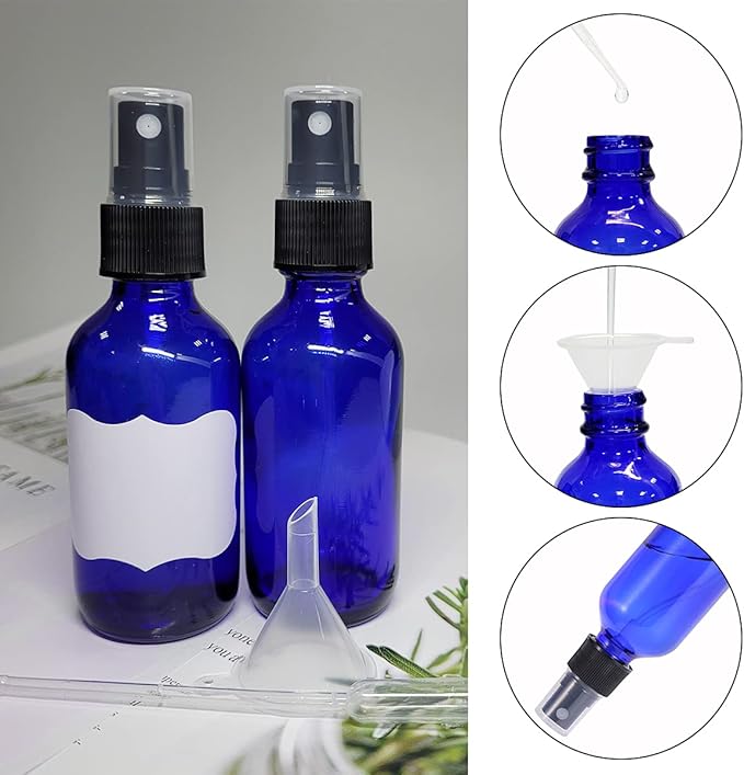 60ml Blue Glass Spray Bottles,Small Empty Fine Mist Perfume Refillable Reusable Travel Spray Bottle for Essential Oils/Hair/Aromatherapy/Cleaning/Cosmetic with Extra Spray Nozzle(2 Pack)