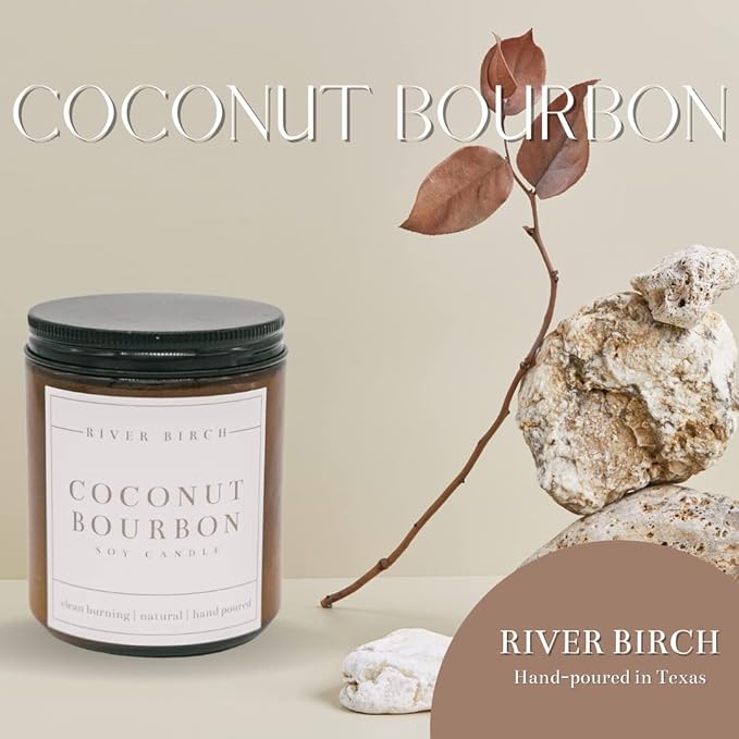 River Birch Candles Coconut Bourbon Scented Candle | Premium, All-Natural, Non-Toxic, Soy Amber Jar Candles | 8.5oz 40 Hr Burn Time | Cozy Relaxing Gifts for Home