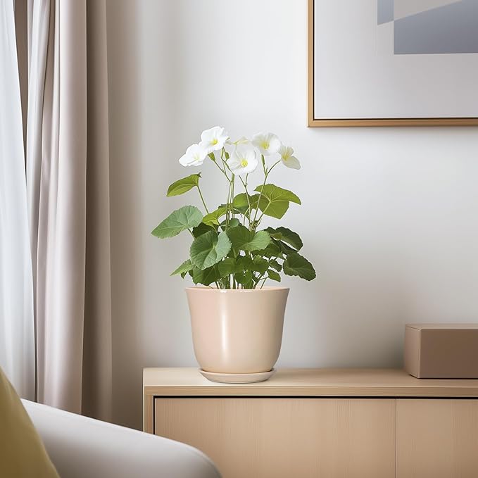 Ceramic Pots for Plants - 5.6 Inch Plant Pot with Drainage Hole and Saucer, Round Orchid Succulent Pots for Indoor Outdoor, Modern Small Planter, Home Office Decor, Gifts for Women, Beige