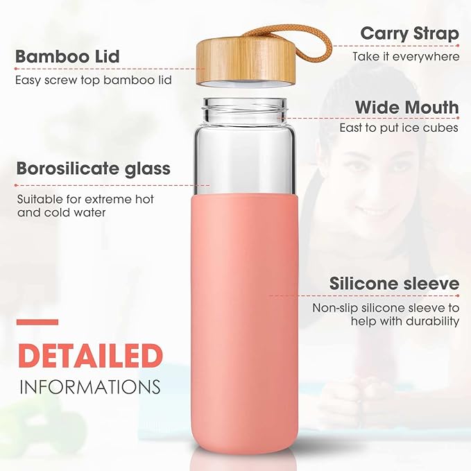Borosilicate Glass Water Bottles with Silicone Sleeve BPA Free, Dishwasher Safe - Reusable Clear Glass Drinking with Leak Proof Bamboo Lid (Blooming Dahlia, 25 Ounces)