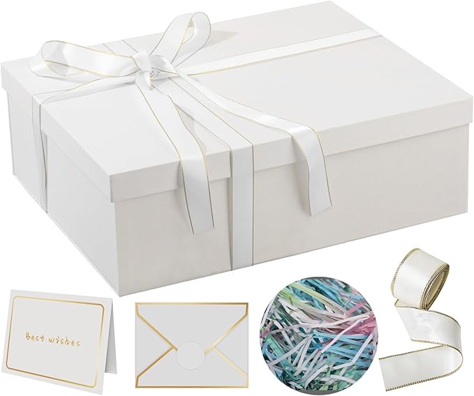 Rinrda Extra Large Gift Box 16.5x13x5.5 inches,White Gift Boxes with Lids for Presents,Perfect for Birthday,Valentine's Day,Christmas,Anniversaries,Contains Card,Ribbon,Shredded Paper Filler.