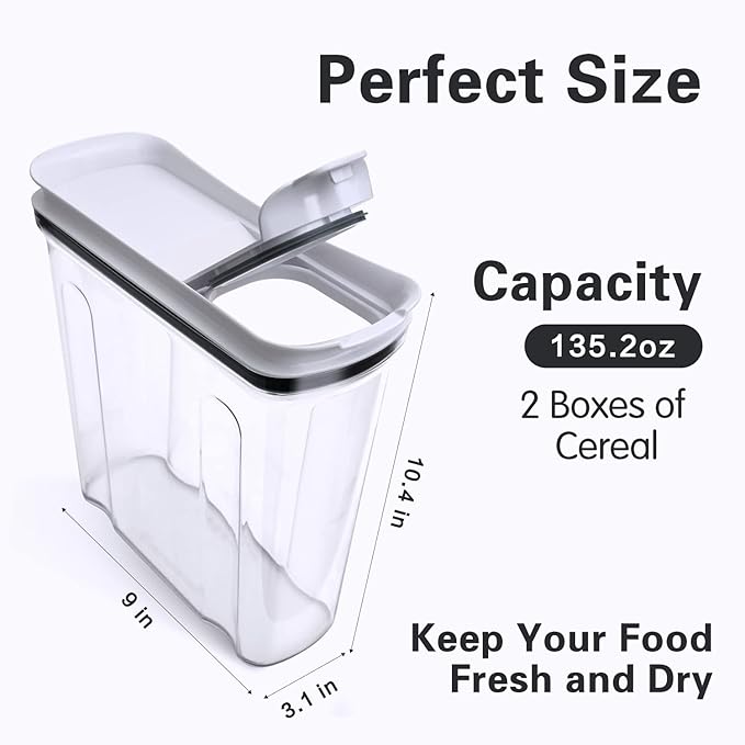 FreshKeeper Cereal Containers Storage Set, Airtight Food Storage Container with Lid 4L/135.2oz, 2PCS BPA-FREE Plastic Pantry Organization Canisters for Rice Cereal Flour Sugar Dry Food in Kitchen