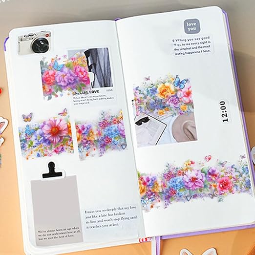 1 Roll Colorful Floral Washi Tape for Scrapbooking Scrap Booking Supples Kit Cute Butterfly Tapes Sticker Spring Flower Washi Tapes Transparent PET Tape Stickers for Journaling Junk Journal supplies