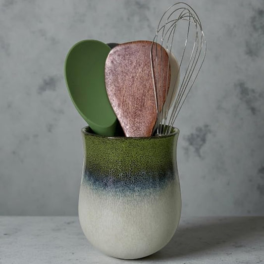 Medium Ceramic Kitchen Utensil Holder for Kitchen Counter Cooking Utensil Holder for Countertop Spatula Holder Small Utensil Crock Cutlery Holder Silverware Flower Vase (Retro Lavender Grass Green)