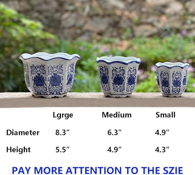 Ceramic Pots for Plants, Chinoiserie Décor Ceramic Flower Pots Planters for Indoor Plants with Drainage, Blue and White, Set of 3