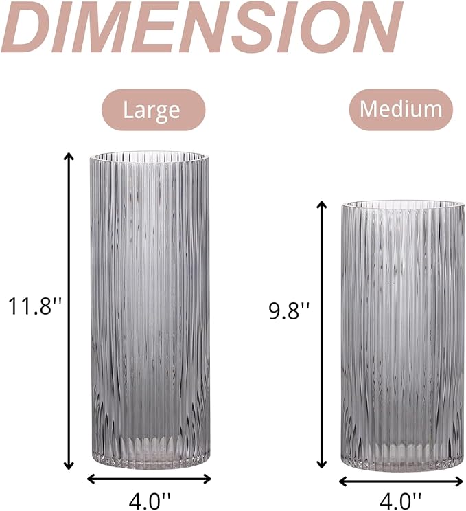 Black Glass Vase, Glass Flower Vase, Ribbed Glass Vase, Black Vase, Tall Cylinder Glass Vases for Centerpieces, Living Room, Bedroom, Dining Table, Office, Wedding, Bookshelf, 12 Inches