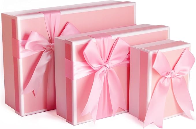 Airuisike Gift Boxes With Lids For Presents, Set Of 3 Pink Gift Wrap Boxes With Ribbon, Assorted Boxes For Presents, Sturdy & Pre-Wrapped Gift Box