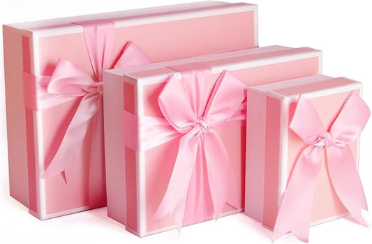 Airuisike Gift Boxes With Lids For Presents, Set Of 3 Pink Gift Wrap Boxes With Ribbon, Assorted Boxes For Presents, Sturdy & Pre-Wrapped Gift Box
