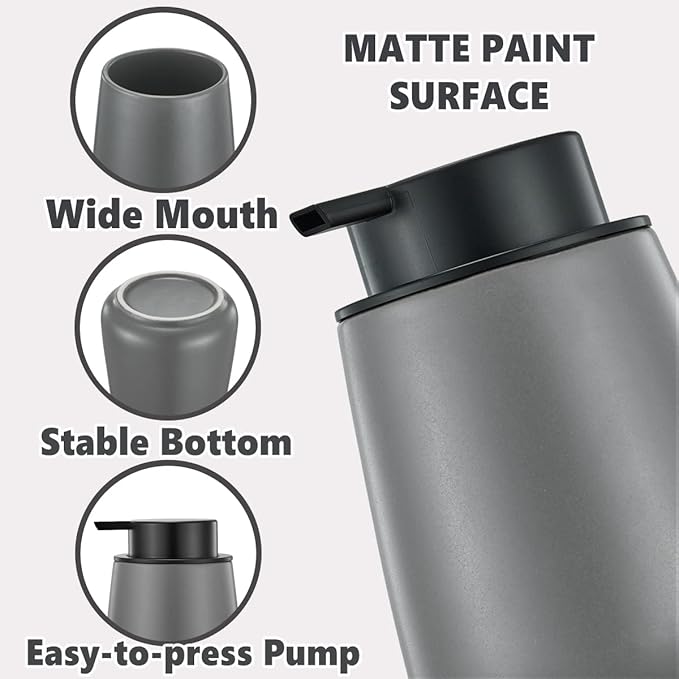 12Oz Grey Foaming Soap Dispenser - Ceramic Foam Hand Soap Dispenser with Easy-to-Press Black Pump, Refillable Bathroom Lotion Soap Dispenser, Dish Soap Dispenser for Kitchen Hand Wash Dispenser