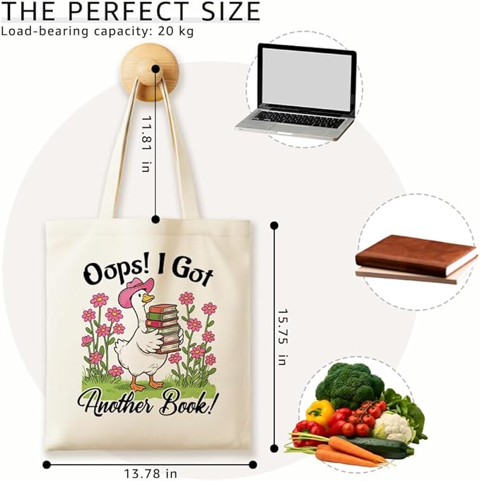 Oops I Got Another Book Women Canvas Tote Bag, Cute Goose Theme Reusable Bag for Shopping Grocery, Appreciation Christmas Birthday Gifts for Teacher Librarian Render Mom Book Lover Bookworm