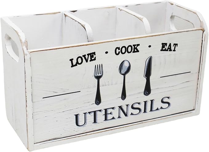 Fenteer Kitchen Utensil Holder Storage Crock Vintage Accessories Wooden Utensil Organizer Cutlery Box for Counter Hotels Restaurants, White