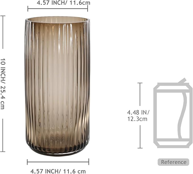 Thick Amber Glass Vase for Flowers, 10 Inch Tall Ribbed Flower Vase for Bouquet, Countertop, Bathroom Vanity, Living Room Decorative Vases for Flowers, Kitchen Shelf, Dining Table, Entryway