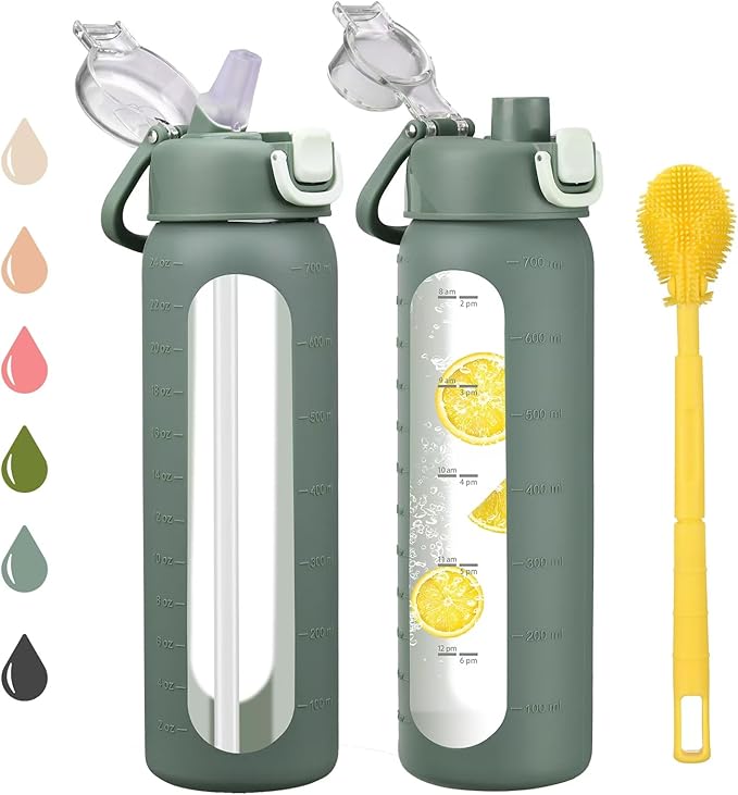 24 oz Glass Water Bottles with 2 Lids-Handle Spout Lid & Straw Lid, Motivational Water Bottle with Time Marker and Silicone Sleeve,Leakproof-Olive-1 Pack