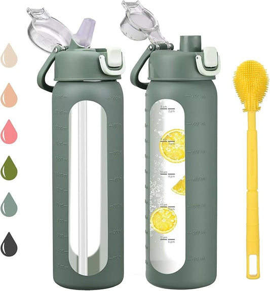 24 oz Glass Water Bottles with 2 Lids-Handle Spout Lid & Straw Lid, Motivational Water Bottle with Time Marker and Silicone Sleeve,Leakproof-Olive-1 Pack
