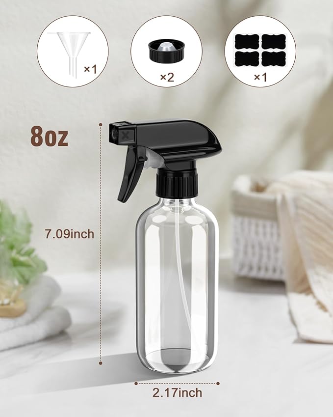 Glass Spray Bottle, Glass Spray Bottle Set & Accessories Refillable for Plants Window Cleaners Aromatherapy Facial Hydration Watering Flowers Hair Care (2 Pack/8 oz) (Transparent)
