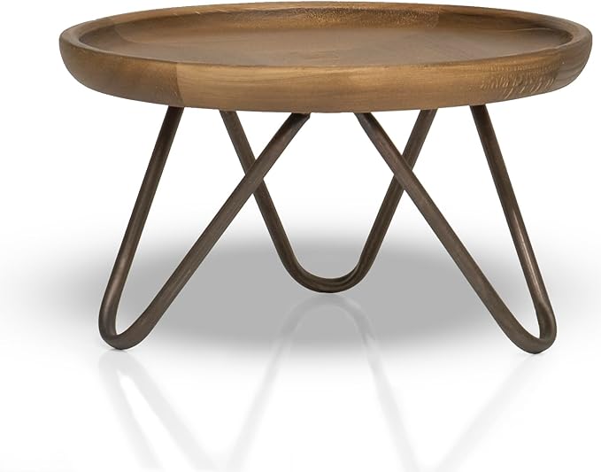 Red Co. 8.75” Dia Round Decorative Wooden Pedestal Plant Stand with Metal Pin Legs, Natural Brown