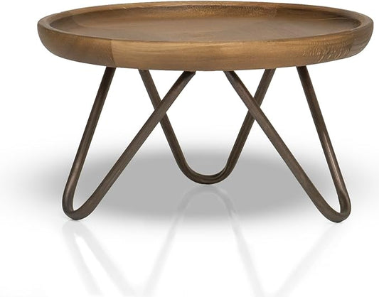 Red Co. 8.75” Dia Round Decorative Wooden Pedestal Plant Stand with Metal Pin Legs, Natural Brown