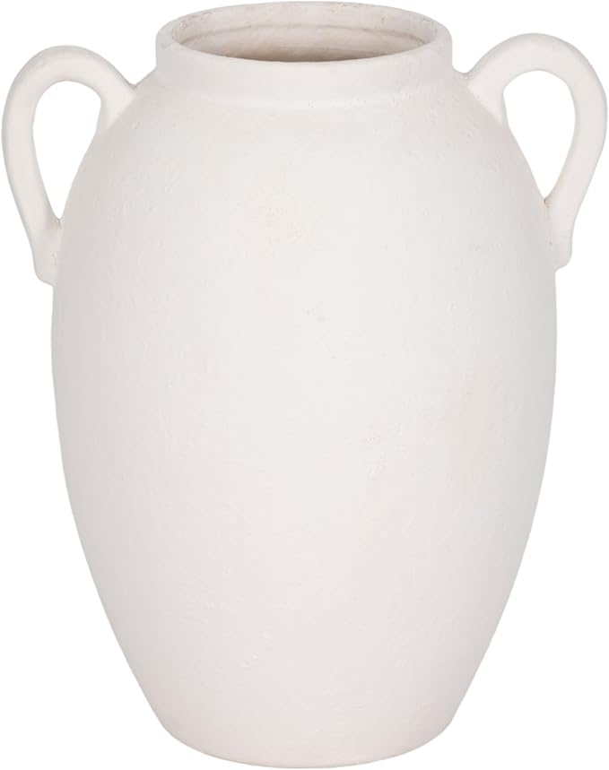 Sagebrook Home Stoneware Vase with Handles - Textured Decorative Pottery for Home & Office - Modern Rustic Accent for Living Room, Bedroom, or Table Centerpiece - 10" White
