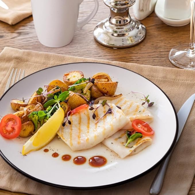 Homlouue 16 Pieces Stoneware Dinnerware Set, Speckled Ceramic Plates and Bowls Mugs Sets Service for 4, Ceramic Dishes Set, Microwave and Dishwasher Safe(White with Black Rim)