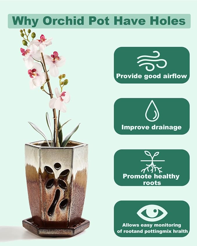 vensovo 4 Inch Ceramic Orchid Pots with Holes and Saucers - 1 Pcs Small Hexagon Succulent Pot for Repotting, Garden Flowerpots for Plants Indoor and Outdoor Promotes Air Circulation, (Brown Mixed)