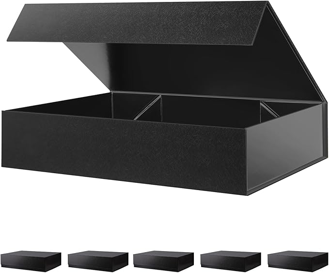 BLK&WH 6 Gift Boxes 11.5x8x2.5 Inches, Black Gift Boxes with Magnetic Closure Lids, Sturdy Shirt Boxes, Rectangle Collapsible Boxes for Gift Packaging (Glossy black)