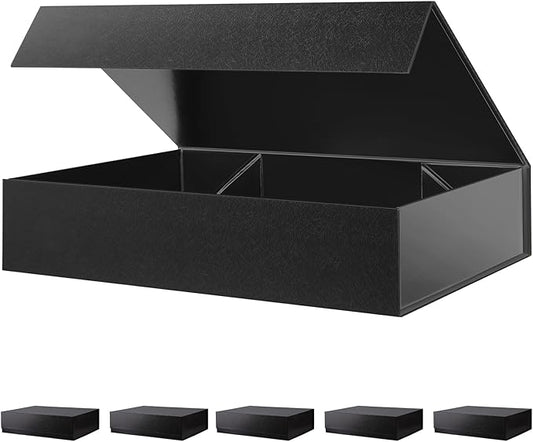BLK&WH 6 Gift Boxes 11.5x8x2.5 Inches, Black Gift Boxes with Magnetic Closure Lids, Sturdy Shirt Boxes, Rectangle Collapsible Boxes for Gift Packaging (Glossy black)