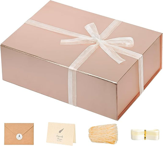 LIFELUM Gift Box for Presents 13.8'' x 8'' x 4.45'' Rose Gold Luxury Gift Box with Magnetic Lid Gift Boxes Contains Card, Ribbon, Shredded Paper Filler Gifts for Women (1Pcs)