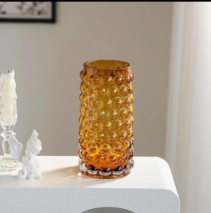 Unique Large Bubble Gold Glass Cylinder Vase-11 inch Tall, Flower Ribbed Vase for Living Room, Bedroom, Dinning Table, Office, Wedding, Table, Centerpieces.